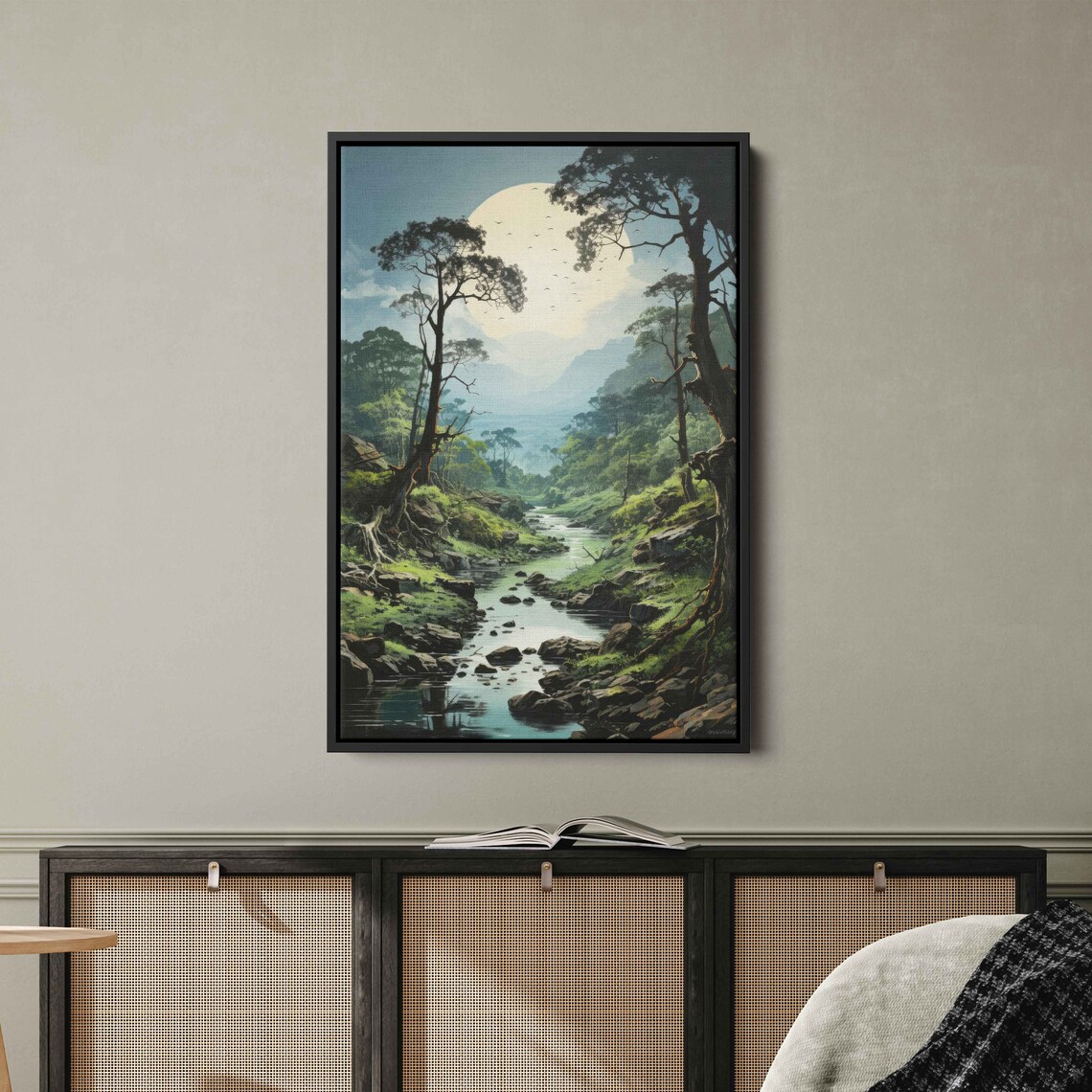 Sunlit Forest Stream Tranquil Nature Painting Framed Print Ready To Hang