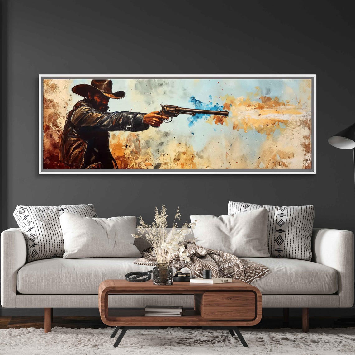 Cowboy Firing Revolver Blue Orange Muzzle Blast Panoramic Poster - Image 3