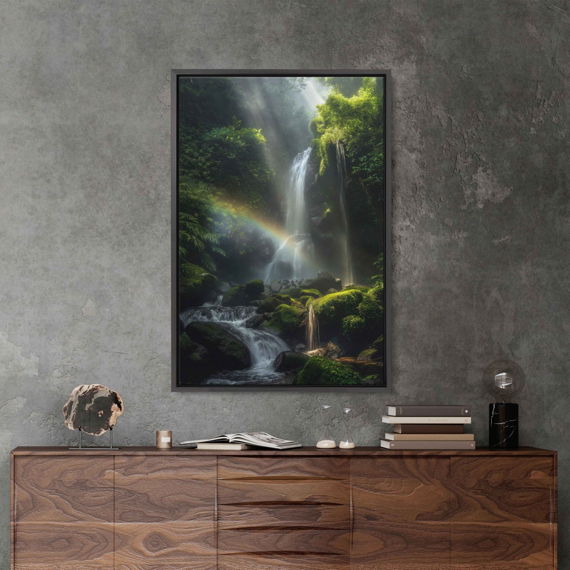 Waterfall Rainbow Cascading Down Moss Covered Rocks Wall Art Print Tropical Landscape Tranquil Art Ready To Hang