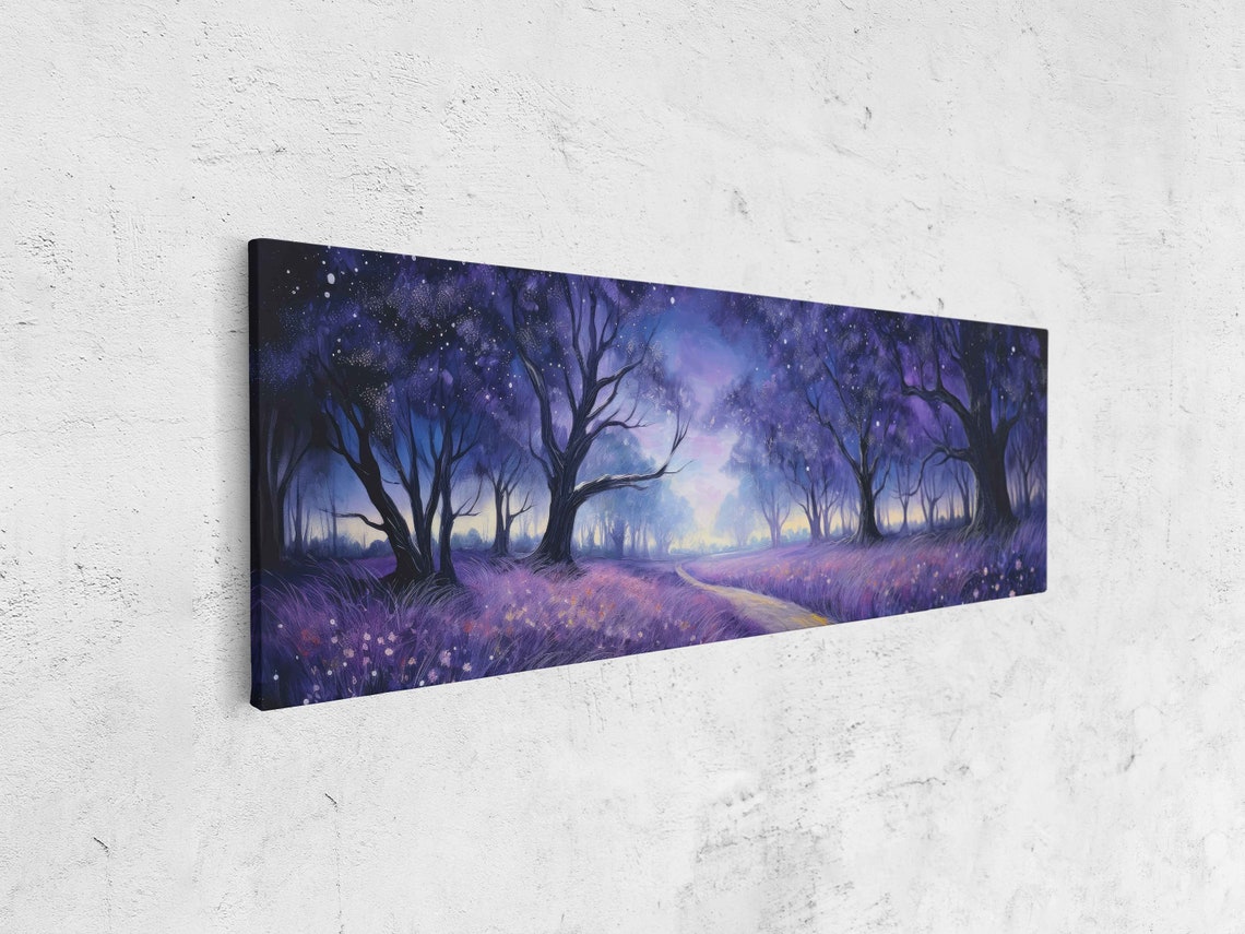 Lavender Meadow Twilight Path Purple Night Forest Panoramic Art Print - Image 4