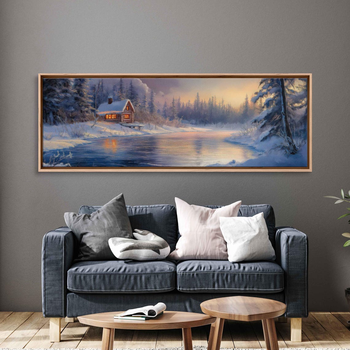 Snowy Winter Cabin Frozen Pond Pine Forest Sunset Glow Painting Poster - Image 3