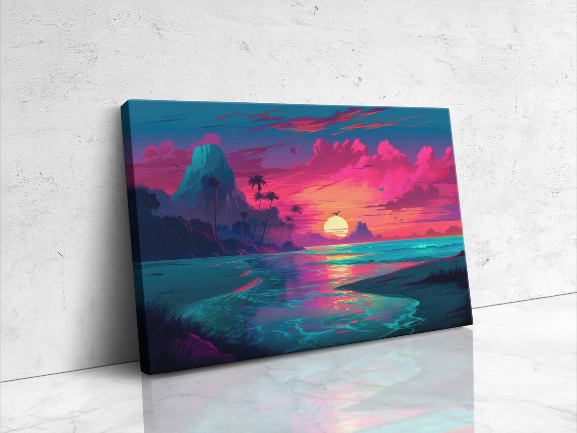 Neon Vaporwave Beach Sunset Pink Sky Palms And Mountains Illustration Print - Image 4