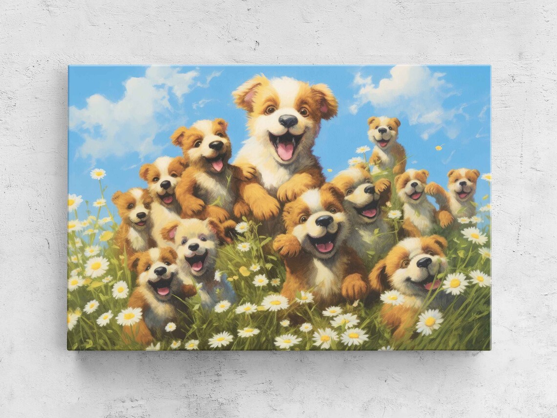 Pack Of Cute Happy Dogs In A Field Of Wildflowers Painting Framed Print Ready To Hang Happy And Uplifting Art