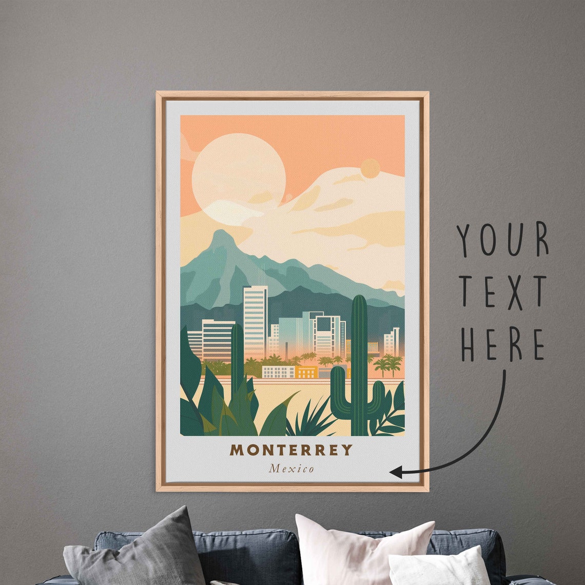 Monterrey Mexico Mountain Skyline Cactus Sunset Travel Poster