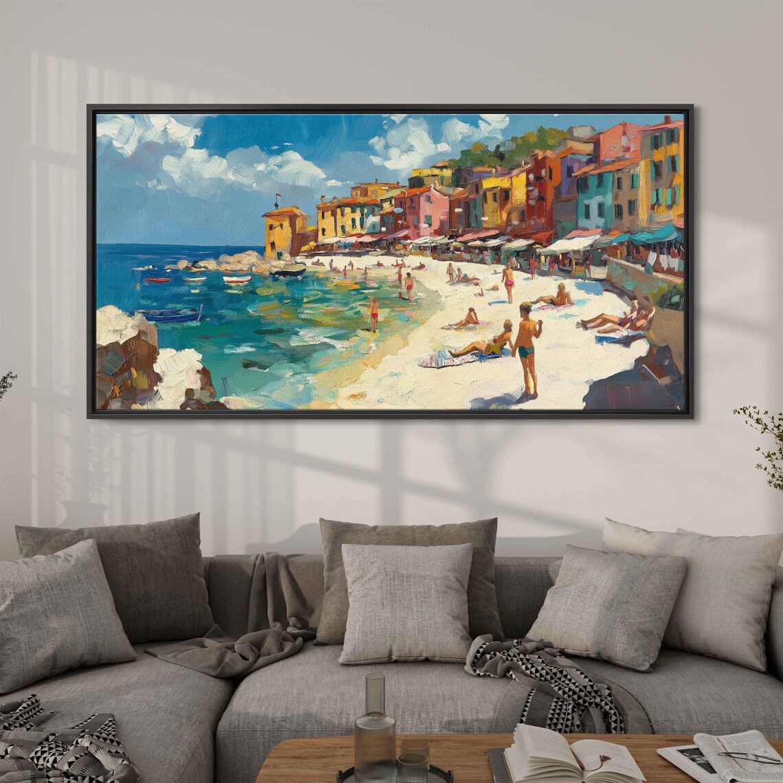 Mediterranean Seaside Town Colorful Buildings Sunny Beach Travel Poster