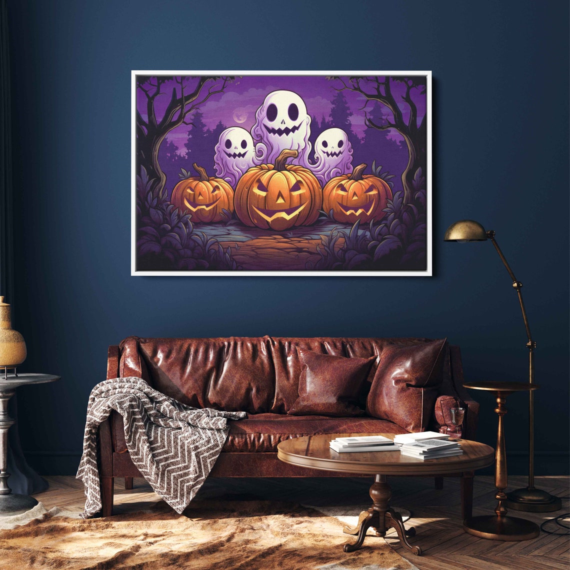 Cute Spooky Ghosts Jack O Lanterns Purple Night Halloween Wall Art