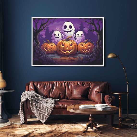 Cute Spooky Ghosts Jack O Lanterns Purple Night Halloween Wall Art