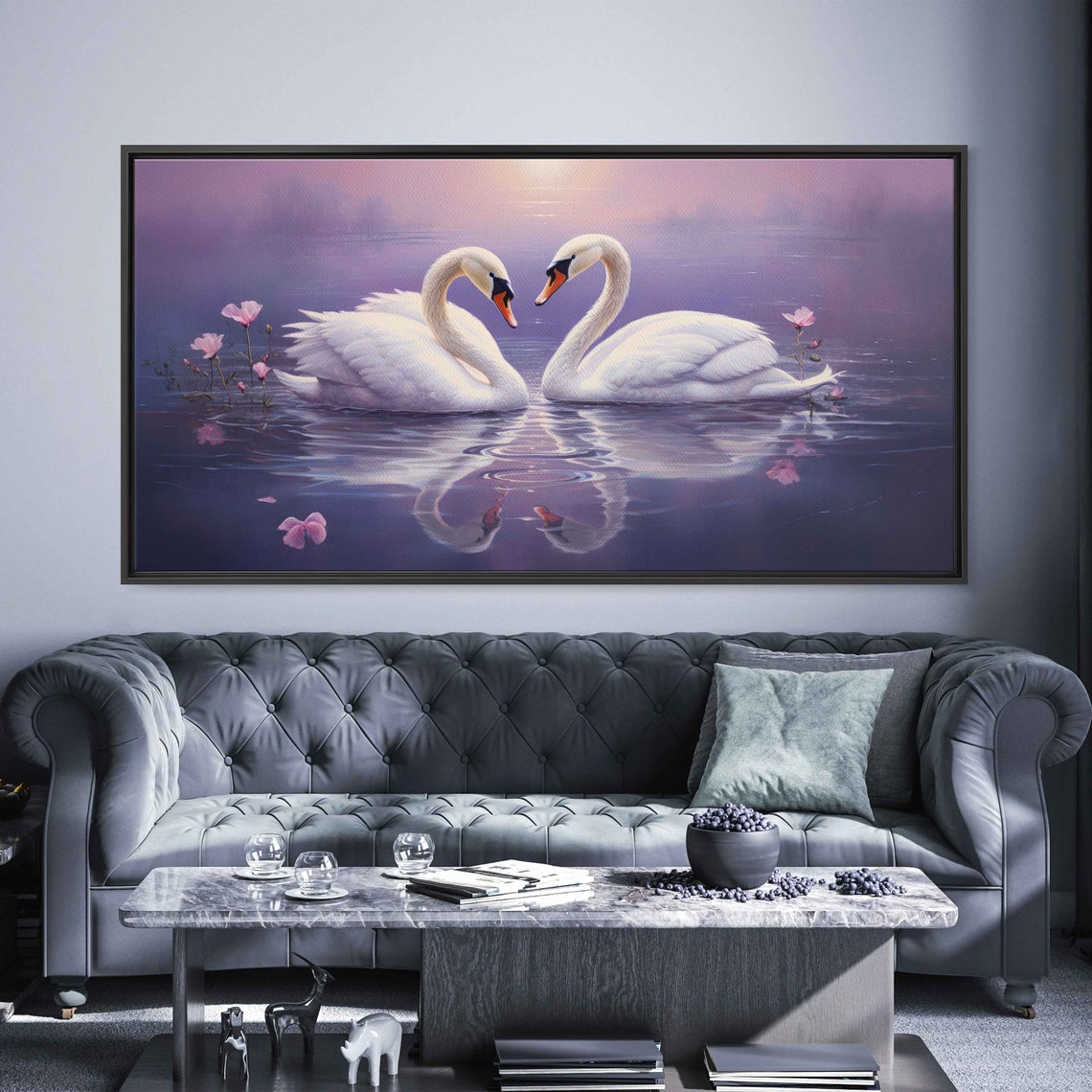 Swan Couple Heart Shape Purple Pond Pink Petals Love Art Poster - Image 3