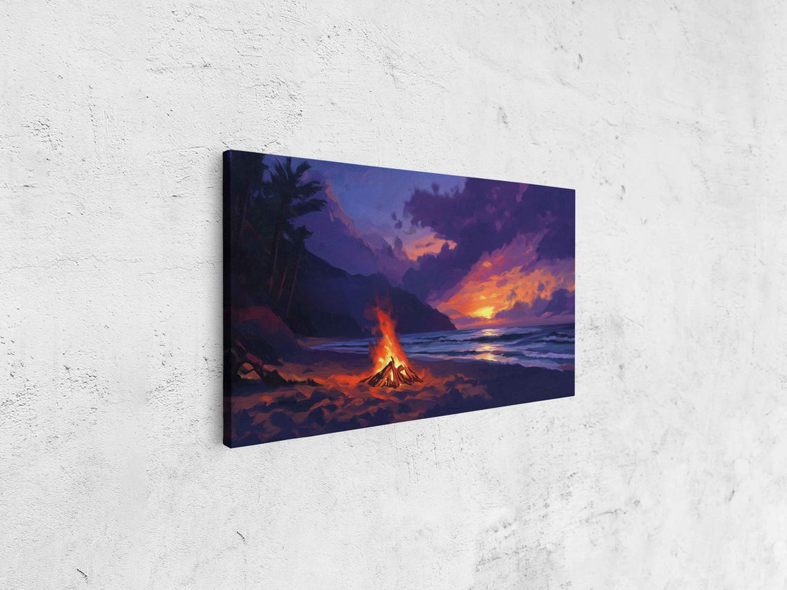 Beach Bonfire After Surfing Wall Art Print Glowing Orange And Purple Hues - Image 4
