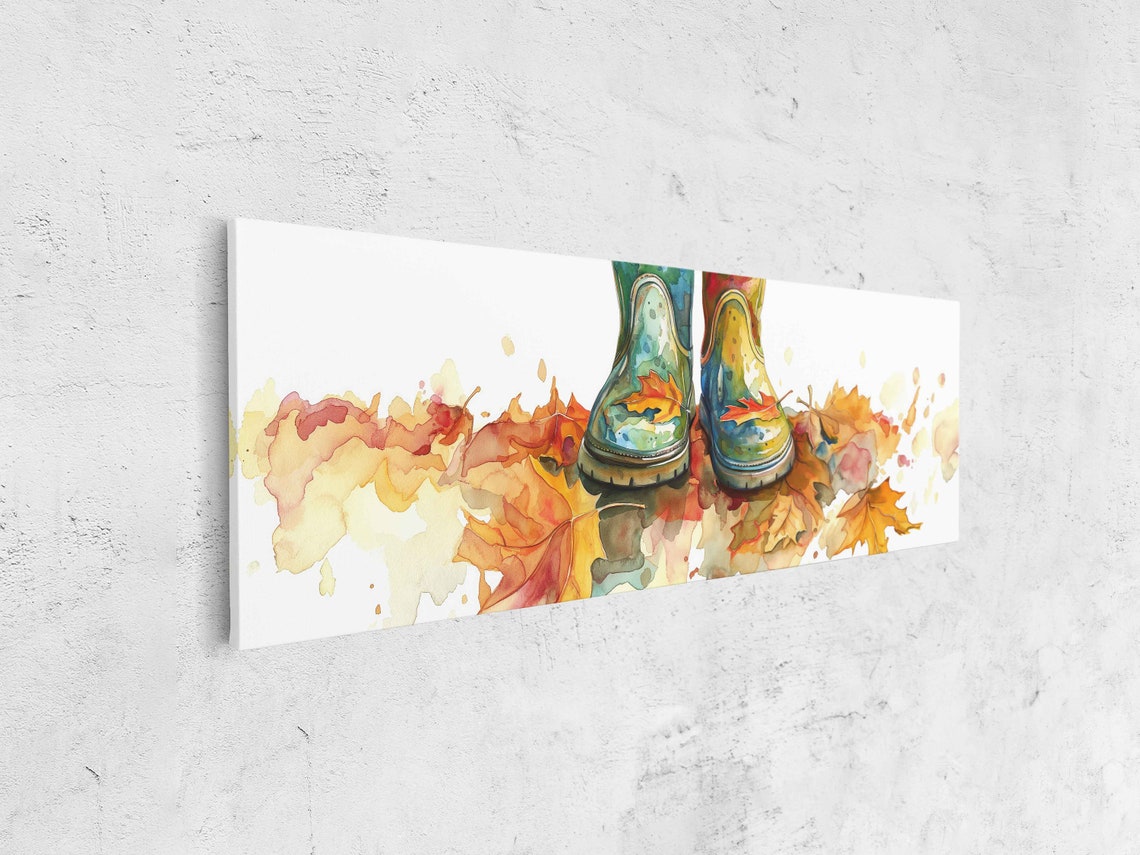 Colorful Rain Boots Standing On Autumn Leaves Watercolor Art Poster - Image 4