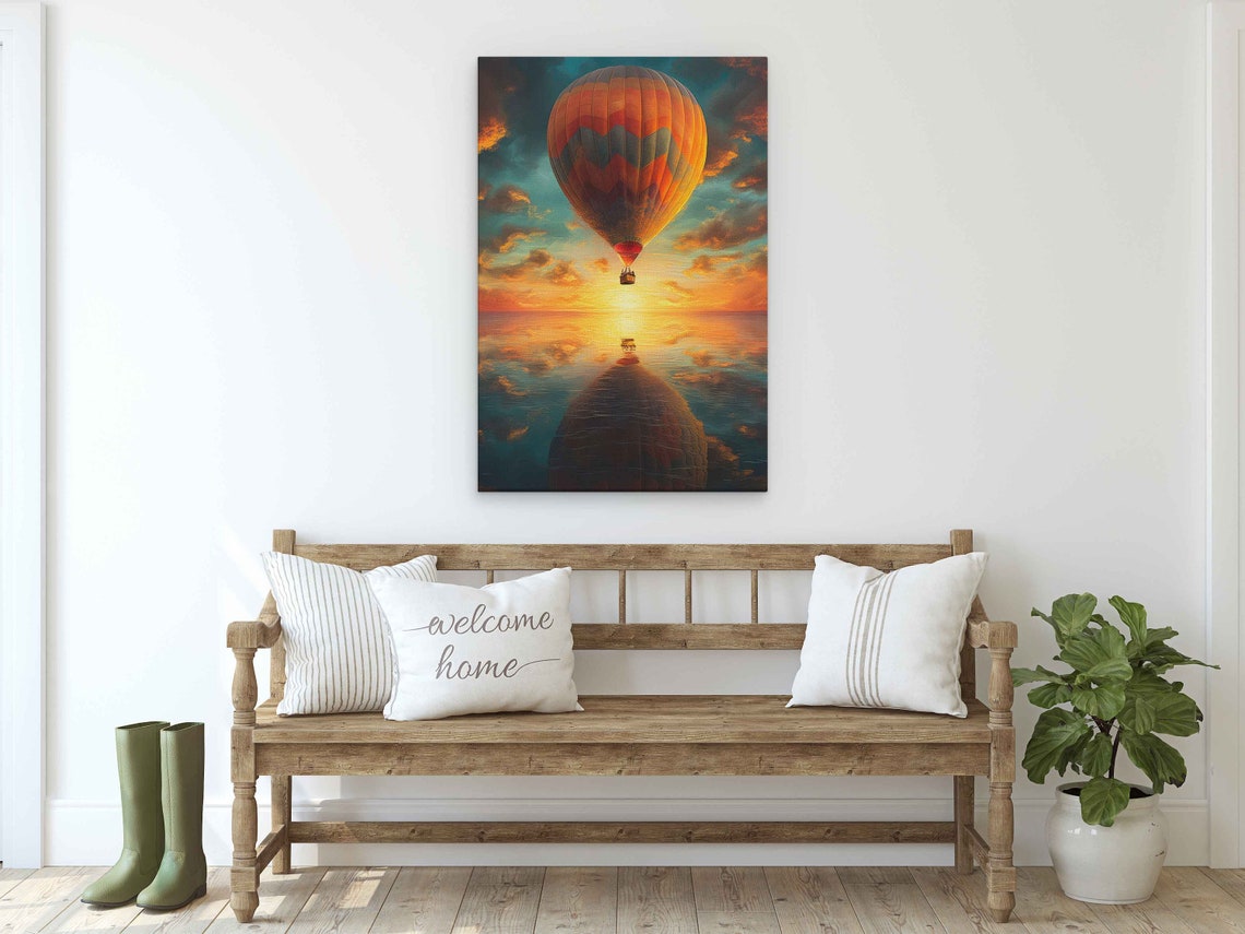 Hot Air Ballon Reflection At Sunset Print Ready To Hang Bright Vibrant Colors - Image 2