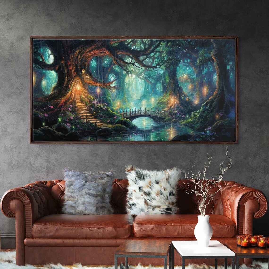 Enchanted Forest Village Fireflies Fantasy Art Print