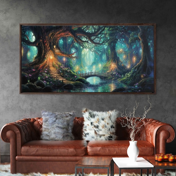 Enchanted Forest Village Fireflies Fantasy Art Print