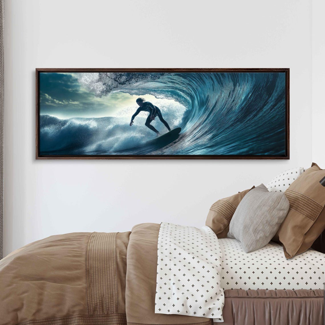 Surfer Riding Deep Blue Barrel Wave Dramatic Ocean Sports Wall Art
