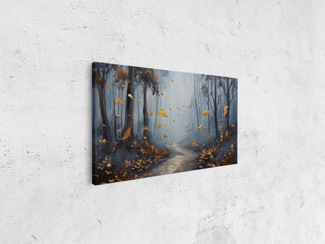 Misty Forest Path With Falling Golden Leaves Autumn Painting Poster - Image 4