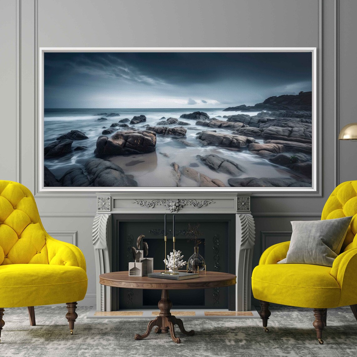 Dark Stormy Rocky Beach Misty Waves Moody Twilight Seascape Poster - Image 2