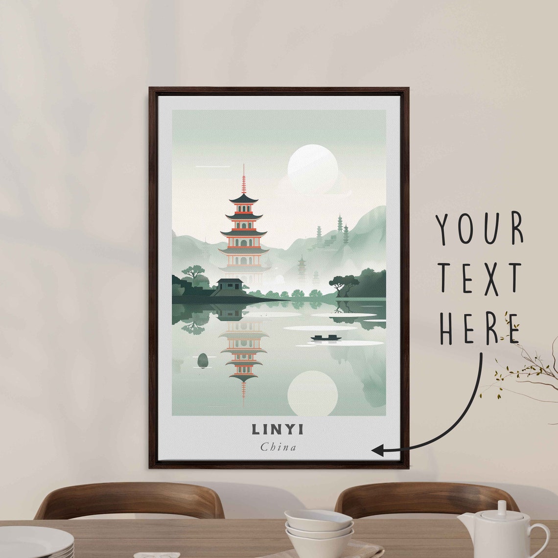Linyi China Misty Pagoda Lake Moon Minimal Sage Green Art Poster