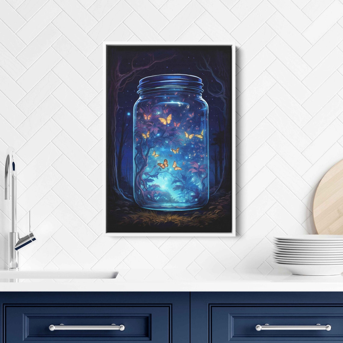 Glowing Butterflies In Glass Jar Starry Night Forest Fantasy Wall Art - Image 2