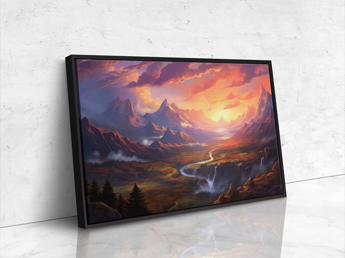 Sprawling Mountain Landscape With River During Sunset Framed Print Ready To Hang - Image 4