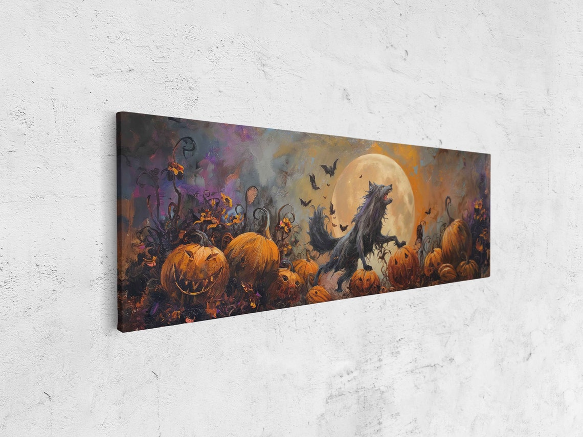 Werewolf Pumpkin Patch Full Moon Bats Spooky Halloween Night Poster - Image 4