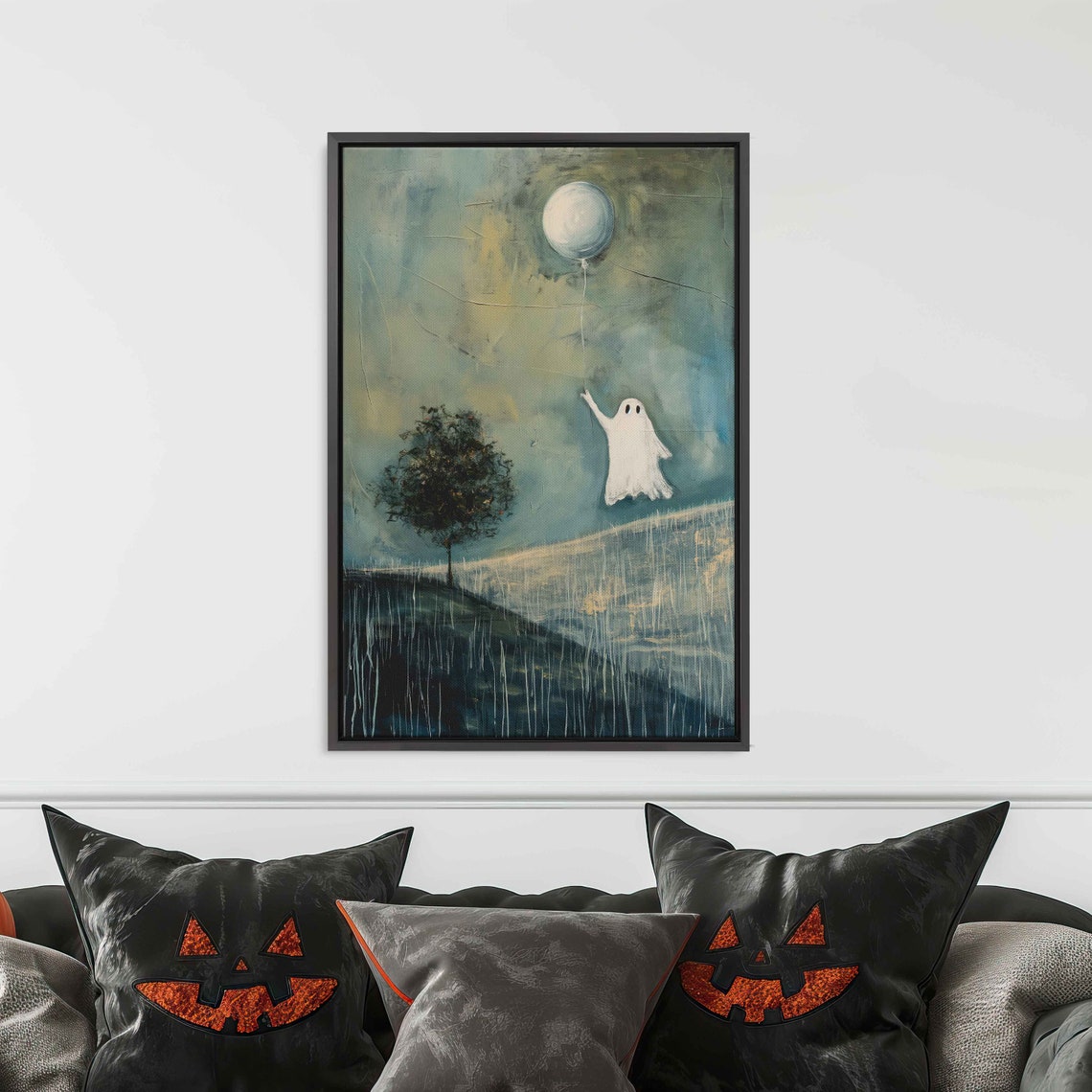 Ghost Holding Balloon Floating Over Field With Lone Tree Poster - Image 3