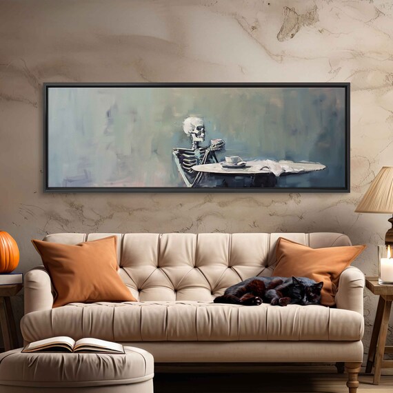 Skeleton Drinking Tea At Table Oil Painting Halloween Spooky Wall Art