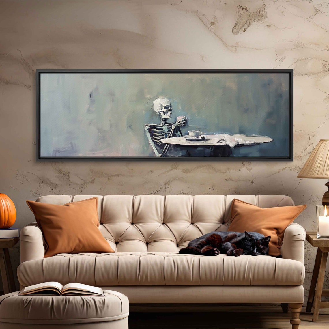 Skeleton Drinking Tea At Table Oil Painting Halloween Spooky Wall Art