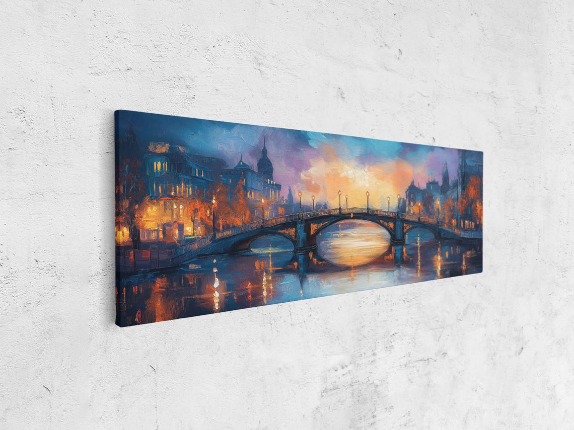 Arched Bridge Over Calm River At Dusk With City Lights Poster - Image 4