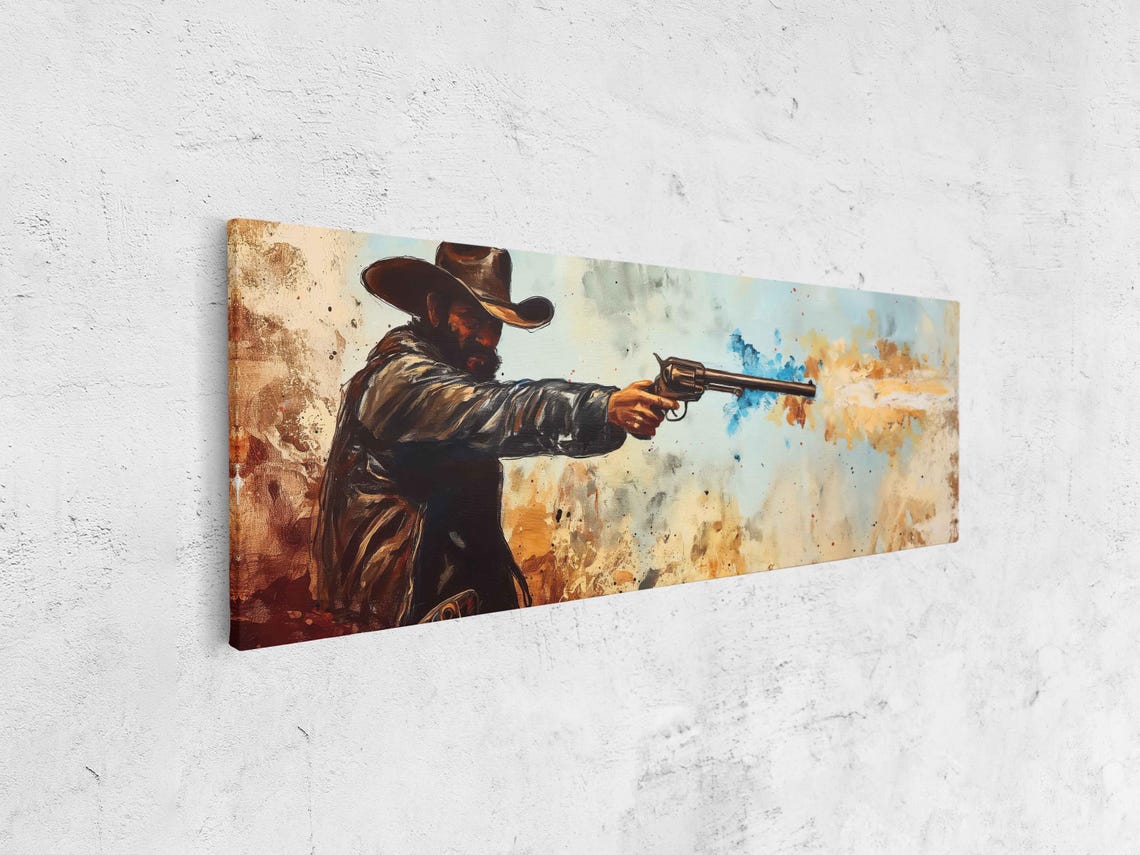 Cowboy Firing Revolver Blue Orange Muzzle Blast Panoramic Poster - Image 4