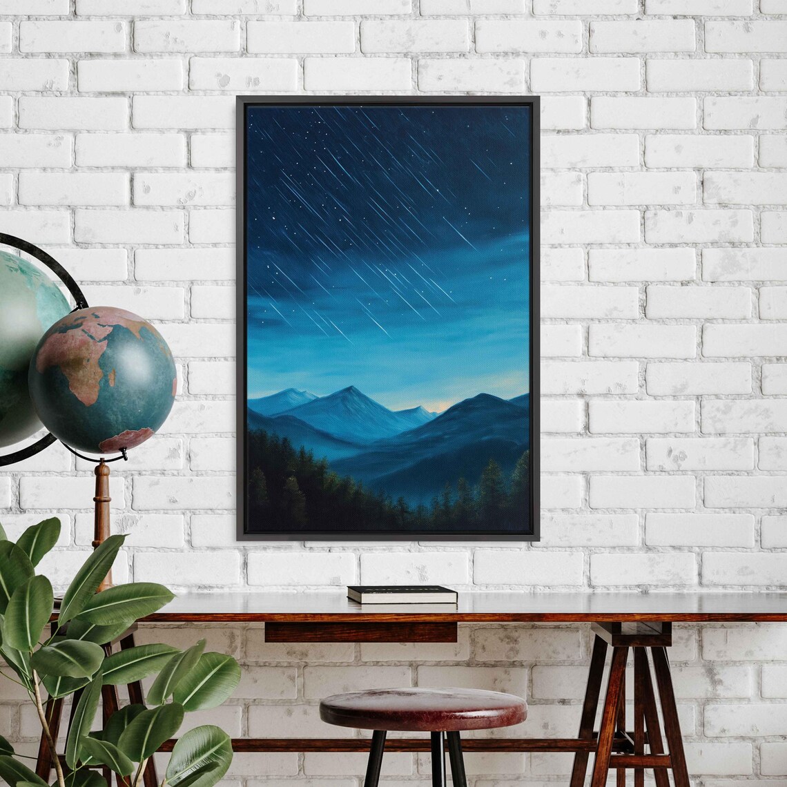 Meteor Shower Streaking Over Blue Mountain Ridges Night Poster