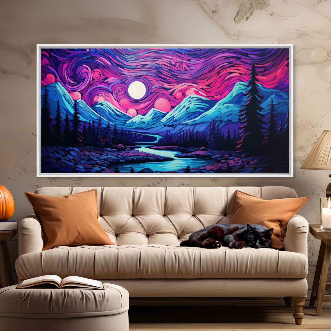 Starry Night Swirling Purple Sky Mountains Lake Impressionist Poster - Image 2