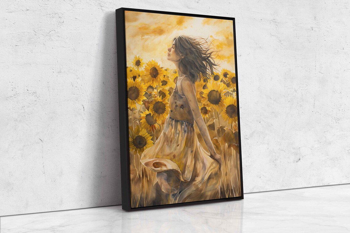 Woman Dancing In Sunflower Field Watercolor Wall Art Print Flowing Sundress Sunny Skies Flowing Hair Ready To Hang - Image 4