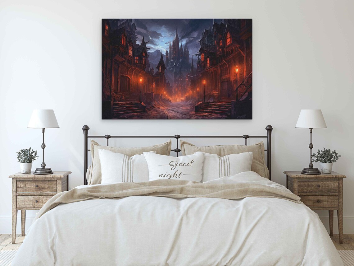 Spooky Castle Town Night Street Glowing Windows Gothic Fantasy Art Poster - Image 3