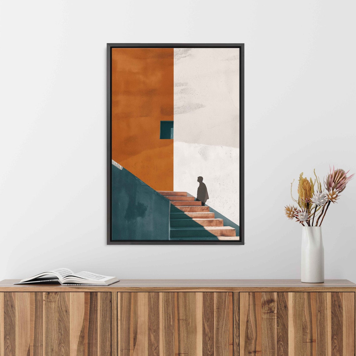 Man Climbing Stairs Orange Teal Minimalist Geometric Art Poster