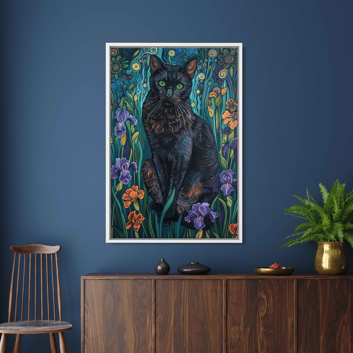 Regal Black Cat Iris Blooms Teal Garden Detailed Feline Portrait Poster