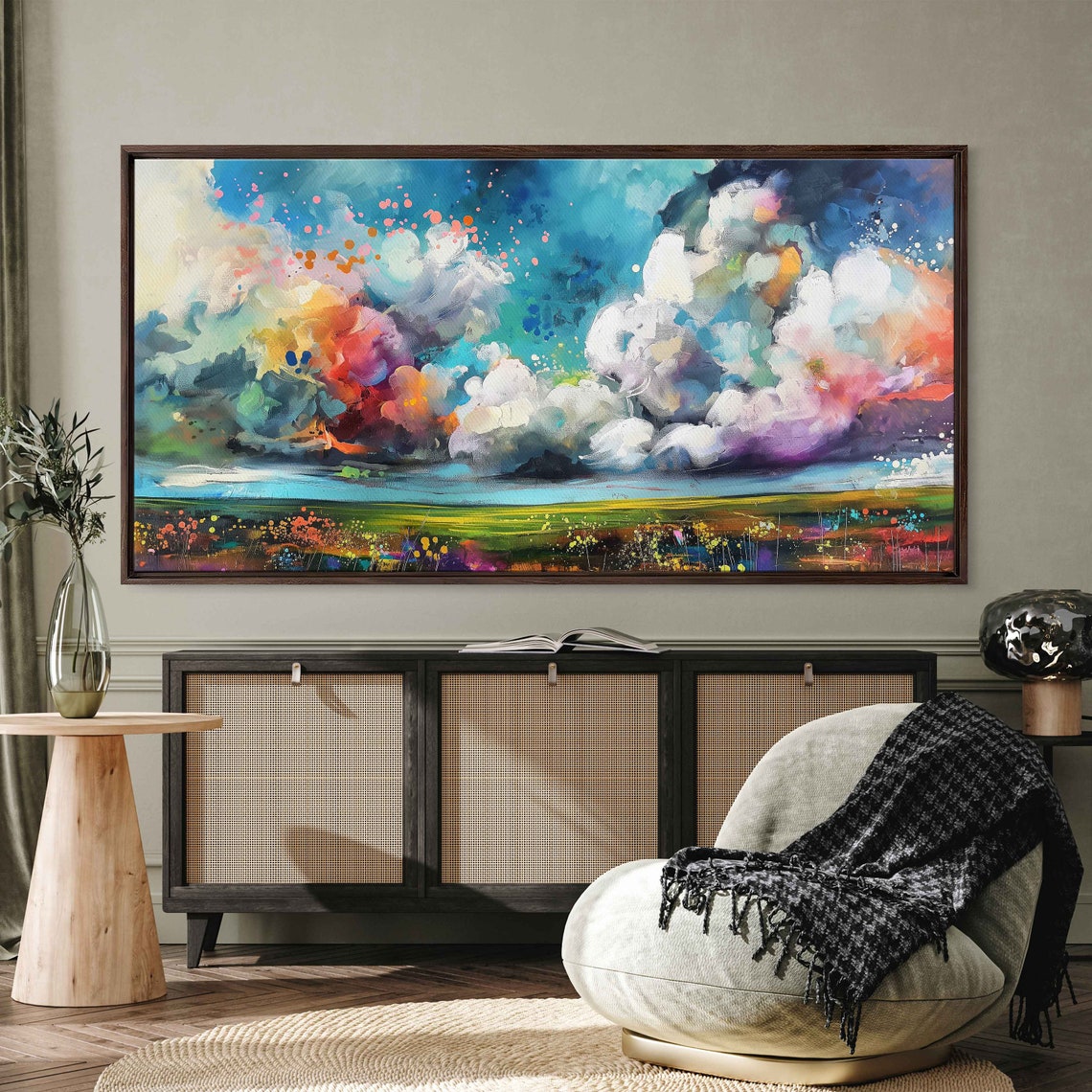 Vibrant Cloud Sky Abstract Meadow Flowers Colorful Modern Art Poster - Image 2