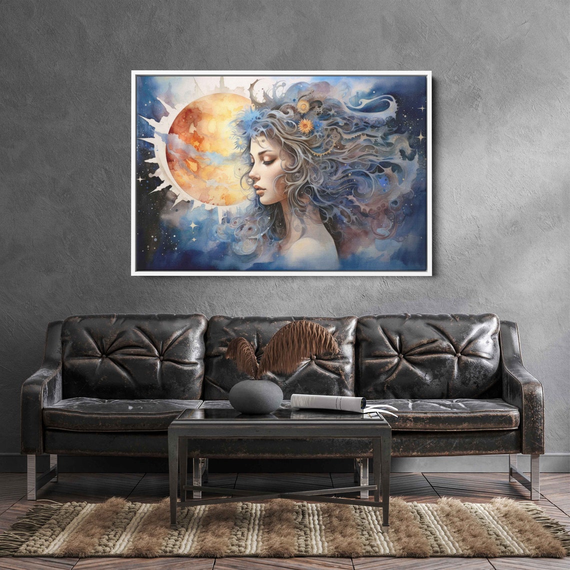 Celestial Goddess Woman Watercolor Moon Sun Stars Wall Art Print