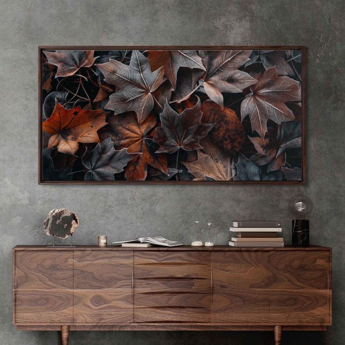 Frost Covered Autumn Maple Leaves Close Up Moody Fall Nature Poster