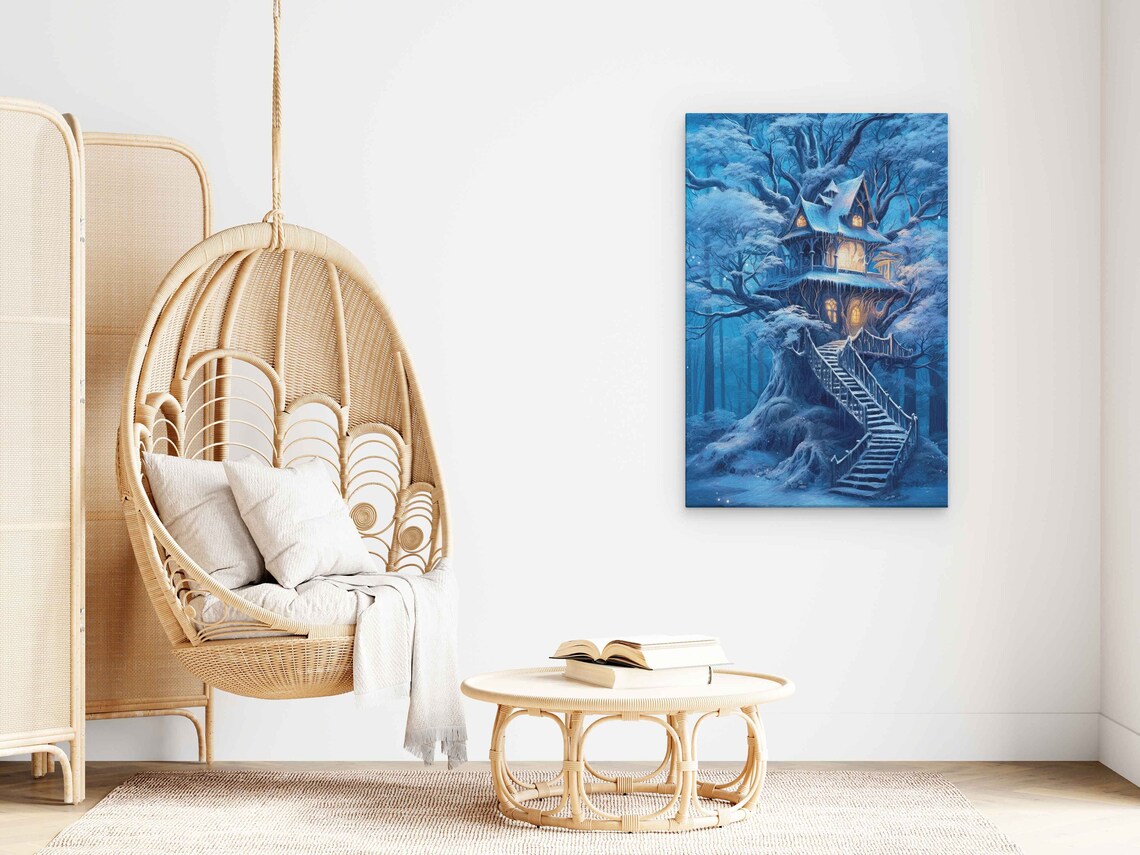 Snow-Covered Treehouse in Winter, Holiday Wall Art Print - Image 3