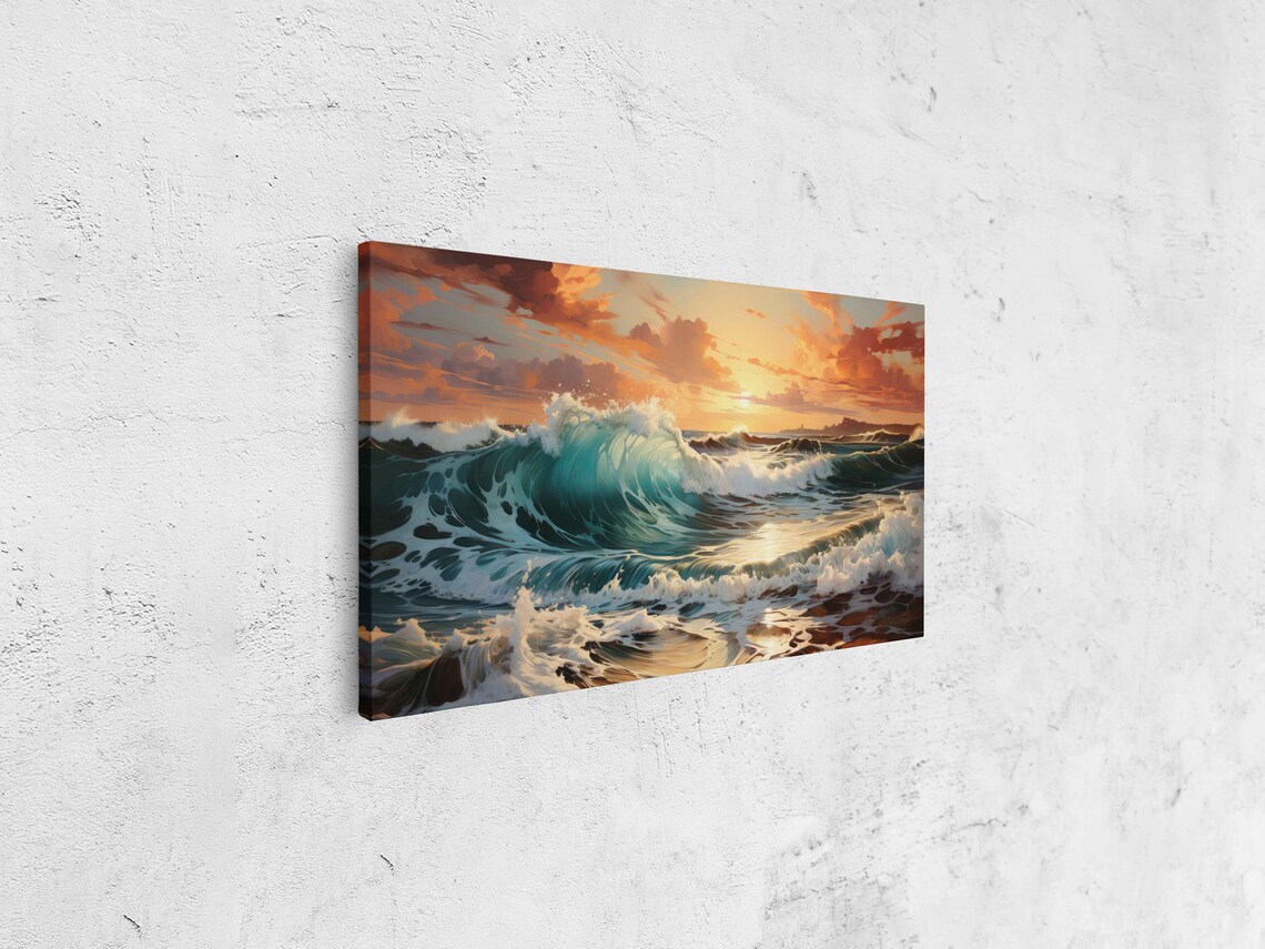 Crashing Ocean Waves Sunset Panoramic Teal Surf Seascape Painting Poster - Image 4