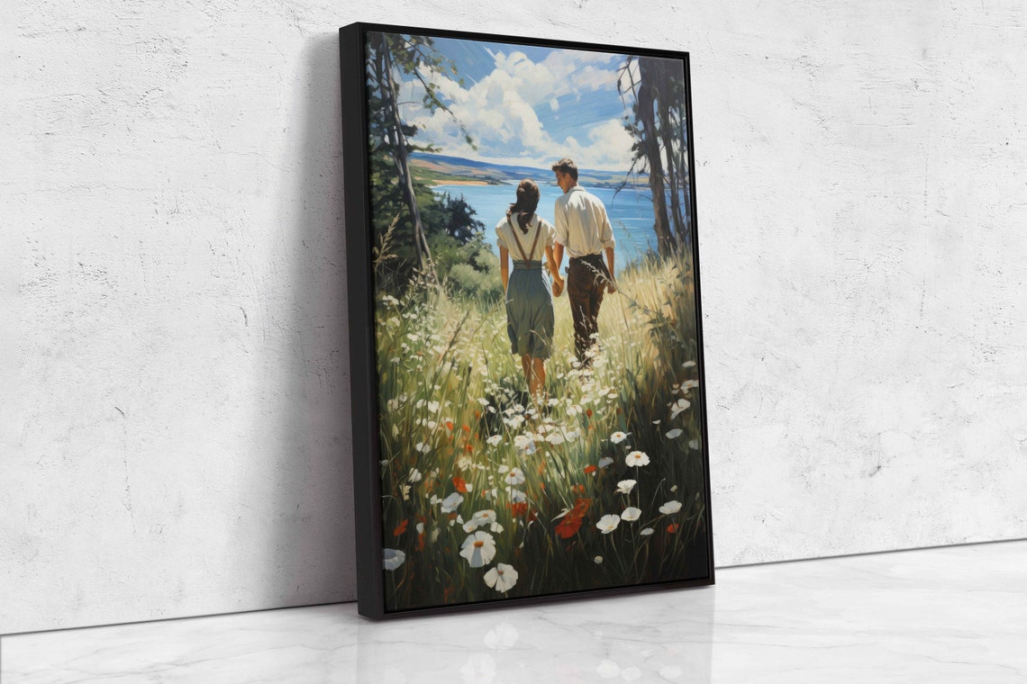 Romantic Couple Walking Wildflower Field Lakeside Vintage Poster - Image 4