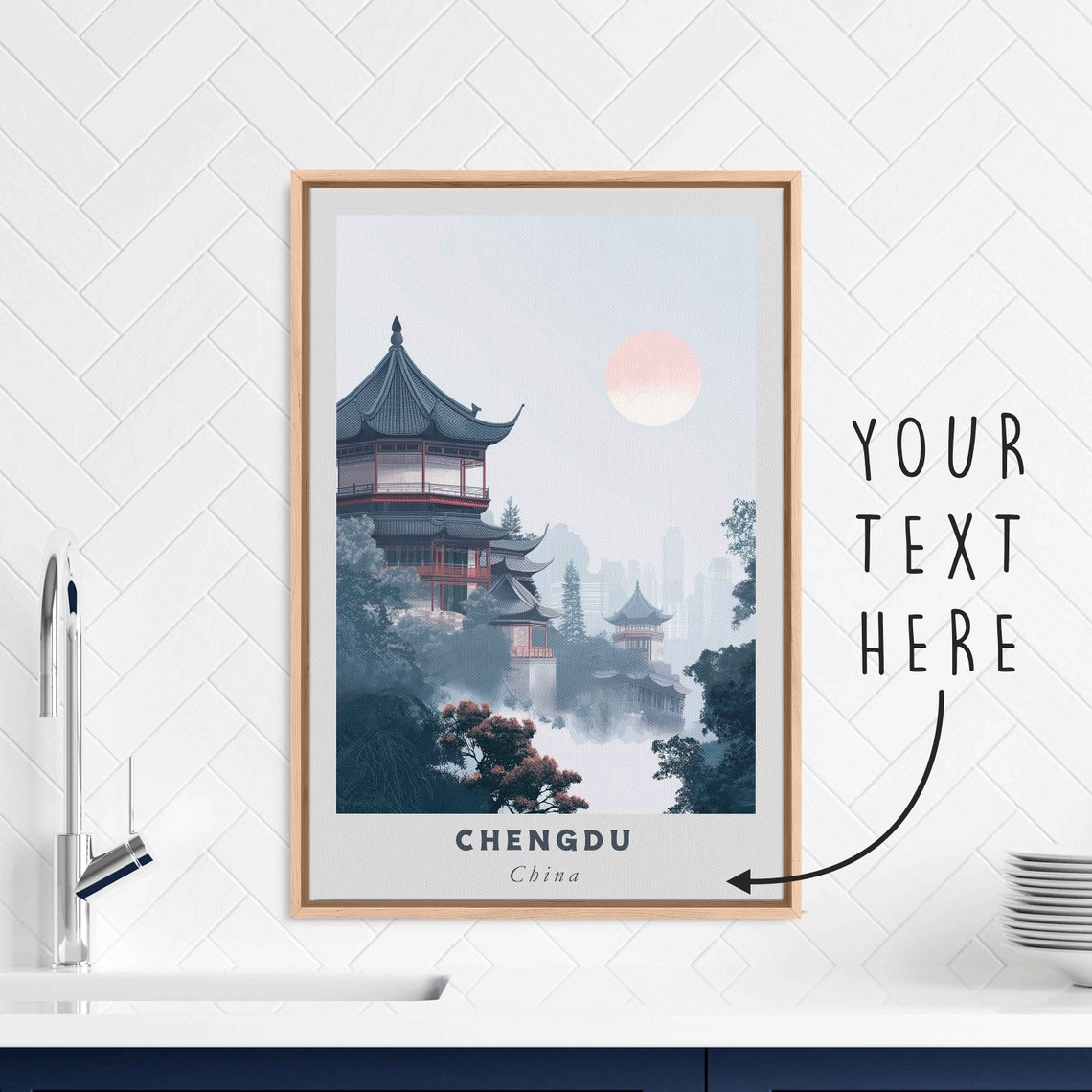 Chengdu China Misty Pagoda Hillside Minimalist Travel Poster