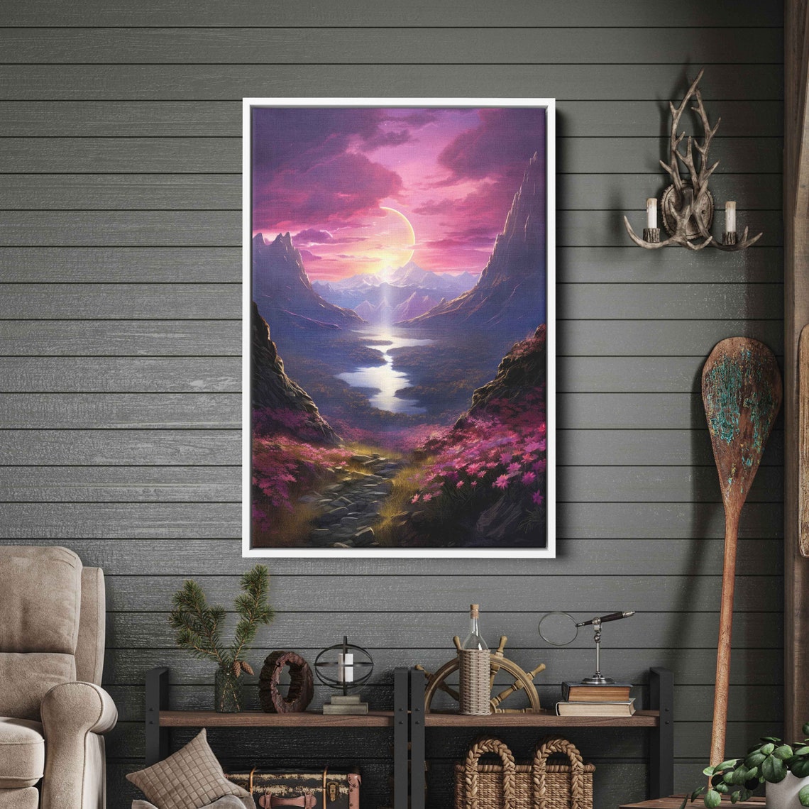 Pink Sunset Moonlit Mountain Valley River Flowers Fantasy Wall Poster - Image 2