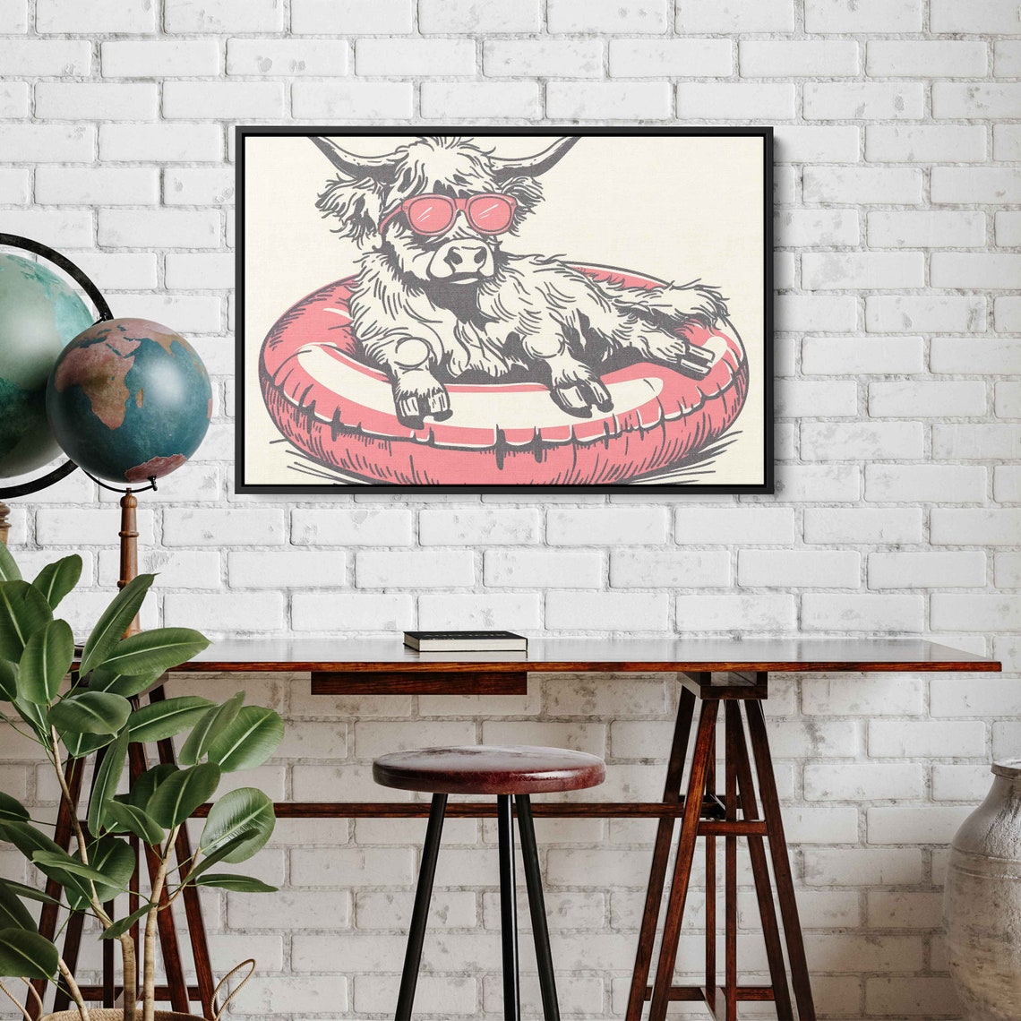 Highland Cow With Sunglasses In Pink Pool Float Funny Sketch Poster