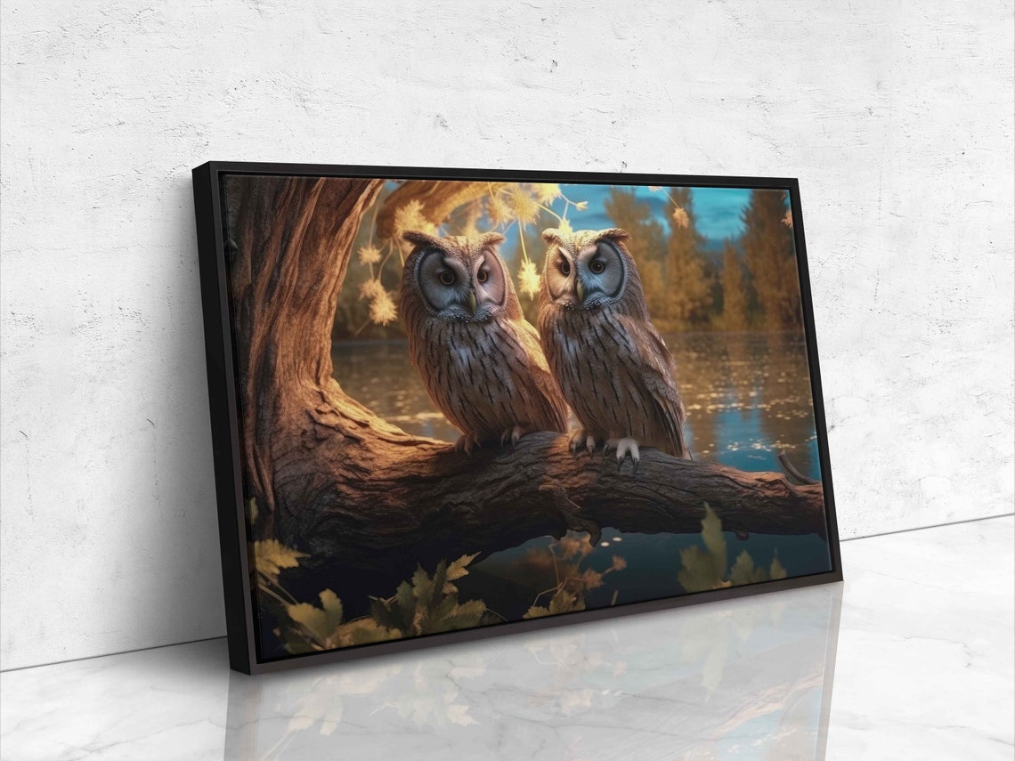 Two Whimsical Owls Perched On Branch By The Lake At Dusk Art Print - Image 4