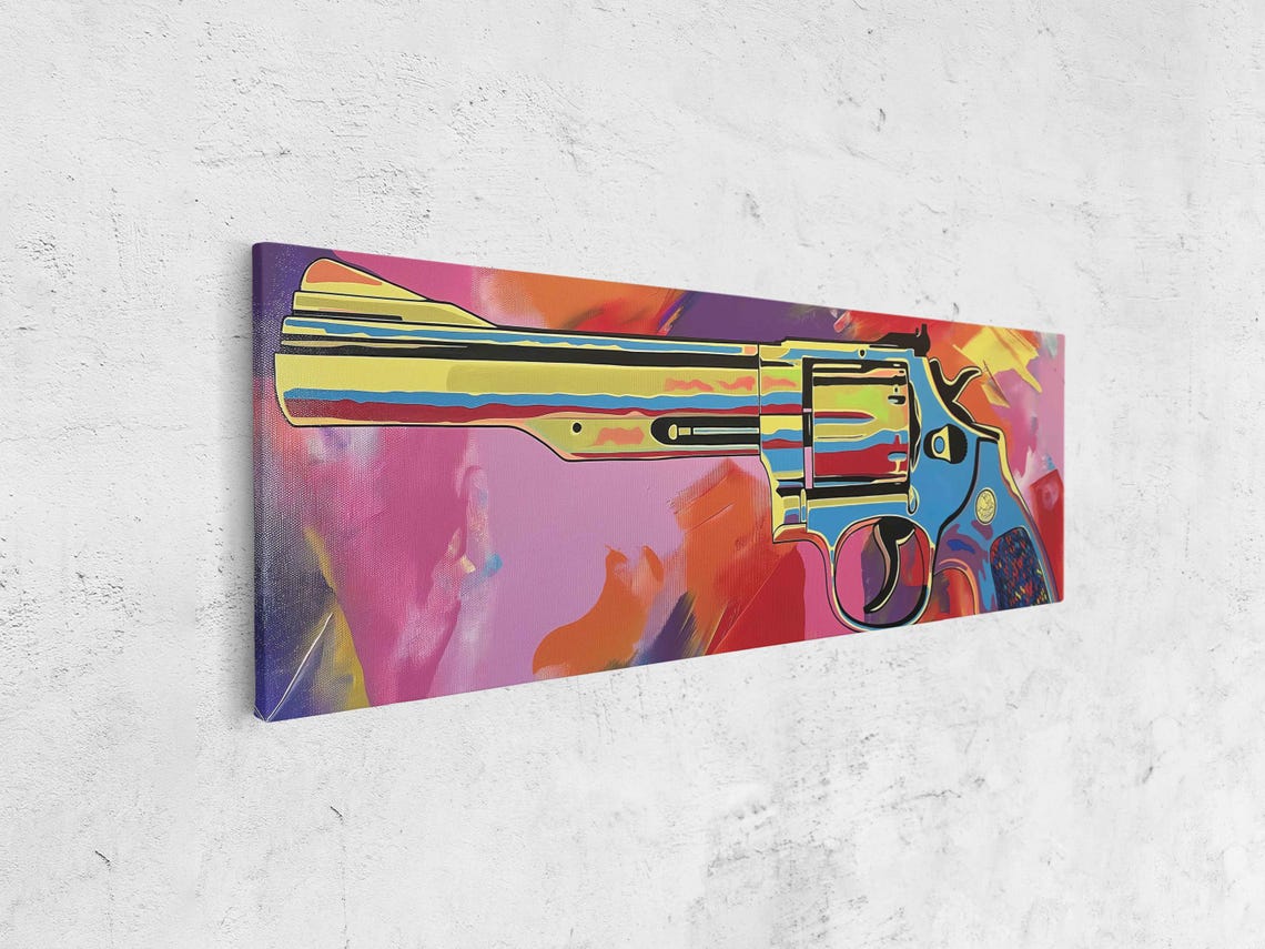Colorful Pop Art Revolver On Pink And Blue Background Poster - Image 4