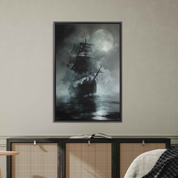 Ghostly Pirate Ship Under Full Moon Foggy Sea Gothic Wall Art