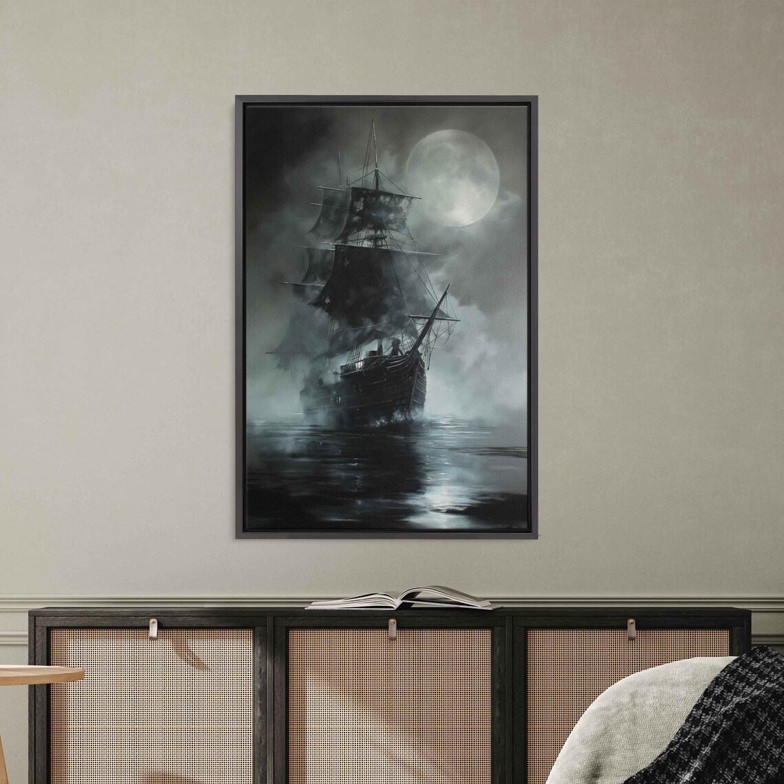 Ghostly Pirate Ship Under Full Moon Foggy Sea Gothic Wall Art
