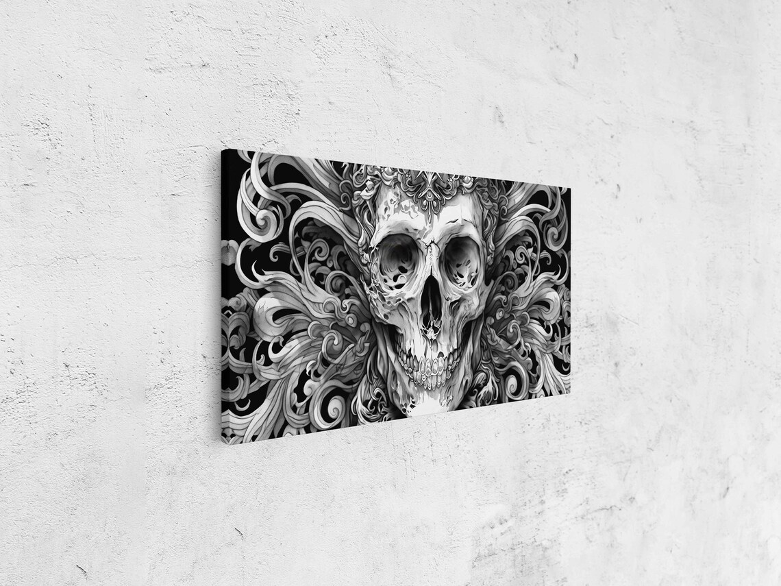 Gothic Skull Baroque Swirling Filigree Monochrome Ink Halloween Wall Poster - Image 4