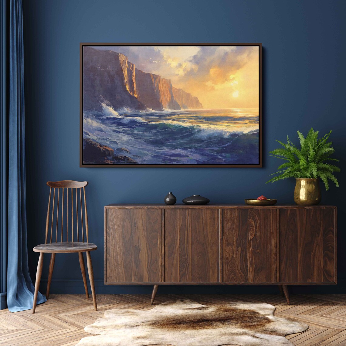 Ocean Waves Crashing Tall Cliffs Golden Sunset Seascape Painting Poster